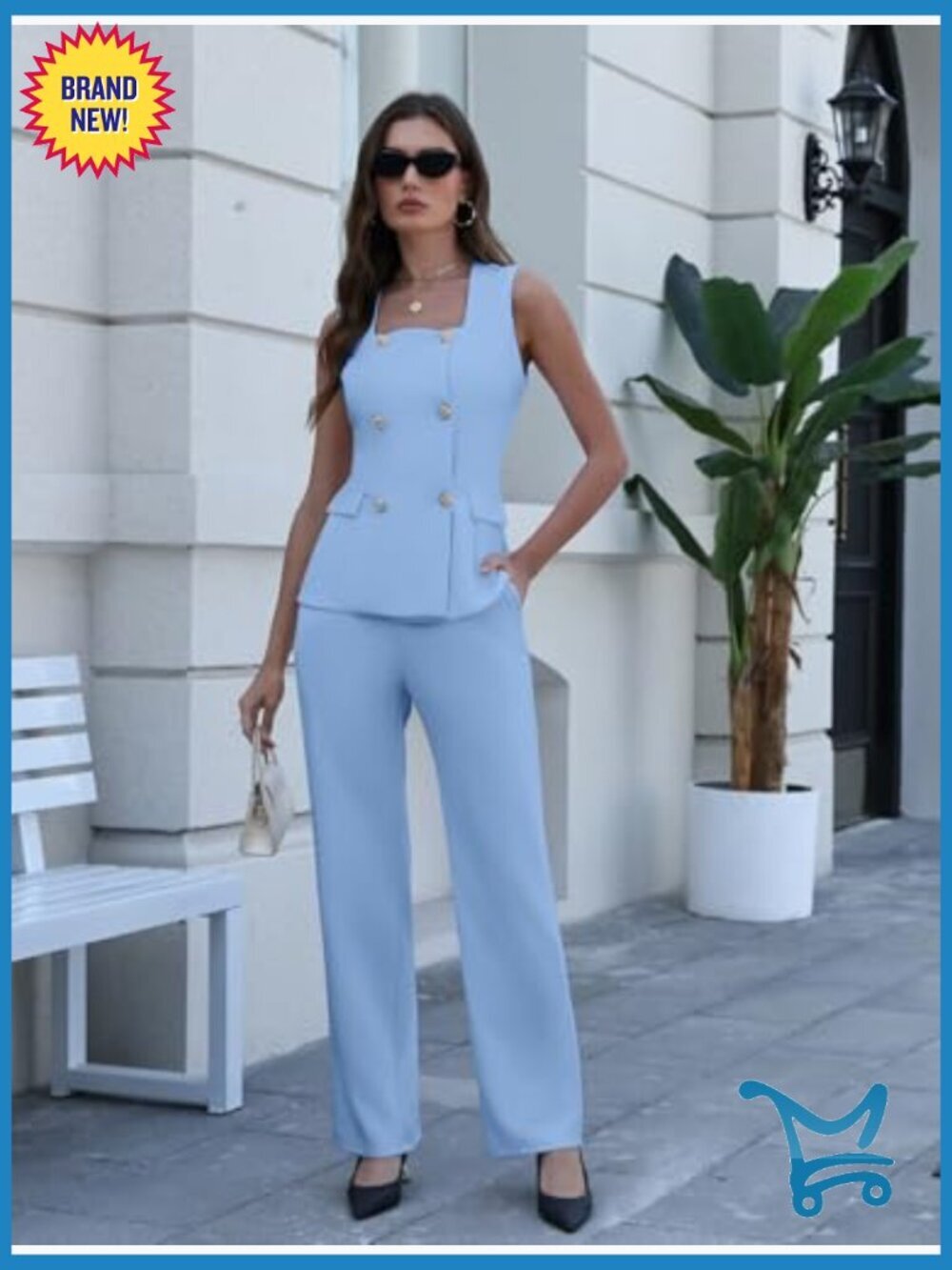 2 Piece Blazer Vest & Pants Suit Set Square Neck Sleeveless High Waist Business - Picture 3 of 7